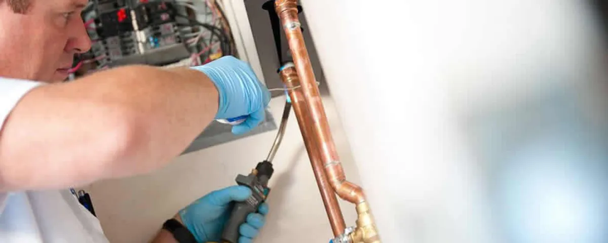 Water heater repair technician testing copper pipe connections and controls in Bradenton, FL